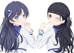  2girls 365_days_(love_live!) 5th_live_tour_~4pair_power_spread!!!!~ ;d absurdres animification black_hair blue_eyes blue_hair blue_ribbon blue_sailor_collar brown_eyes closed_mouth commentary_request flower_stand_art from_behind grin hair_ornament hair_ribbon highres link!_like!_love_live! long_sleeves looking_at_viewer looking_back love_live! multiple_girls murano_sayaka nonaka_kokona official_alternate_costume one_eye_closed real_life red_ribbon ribbon sailor_collar shirt simple_background smile split_mouth star_(symbol) star_hair_ornament virtual_youtuber voice_actor voice_actor_connection white_background white_shirt zanpon 