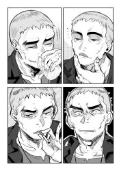  ... 1boy absurdres black_background border can cheekbones cigarette closed_mouth greyscale hand_on_own_chin highres holding holding_can holding_cigarette jacket jewelry licking_lips male_focus monochrome multiple_expressions nanu_(pokemon) nazuka_jyo old old_man open_clothes open_jacket open_mouth pendant pokemon pokemon_sm portrait scared shirt short_hair simple_background smile solo tongue tongue_out white_background white_border 