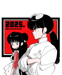  1boy 1girl 2025 apron bell black_hair blunt_bangs border bow breasts crossed_arms double_bun dress eyewear_on_head frilled_apron frills glasses grey_eyes hair_bell hair_bow hair_bun hair_ornament hair_tie long_hair looking_at_another low_ponytail medium_breasts mousse_(ranma_1/2) ponytail ranma_1/2 red_background red_dress red_eyes robe round_eyewear sasaki_tomomi shampoo_(ranma_1/2) sidelocks twitter_username upper_body white_apron white_border white_bow white_robe 