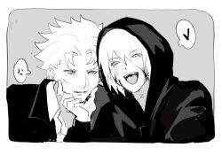  2boys anger_vein brothers cheek_pinching collared_shirt commentary dante_(devil_may_cry) devil_may_cry_(series) devil_may_cry_3 greyscale hand_on_another&#039;s_face heart highres hood hood_up hoodie jacket looking_at_another looking_at_viewer looking_to_the_side male_focus monochrome multiple_boys open_mouth parted_lips pinching shirt short_hair siblings side-by-side spoken_anger_vein spoken_heart suit_jacket teeth tongue tongue_out twins upper_teeth_only utopia_87115256 vergil_(devil_may_cry) wing_collar 