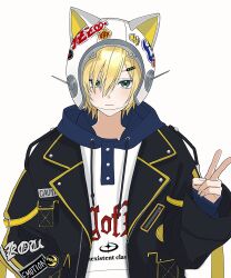  1boy animal_ear_helmet animal_ears animal_helmet arm_belt ashita_(fm7hxj) belt black_belt black_jacket blonde_hair blue_hood blush cat_ears caution closed_mouth clothes_writing drawstring fake_animal_ears green_eyes hair_ornament hair_over_one_eye hairclip helmet highres hood hood_down hoodie jacket lapels layered_sleeves looking_at_viewer loose_belt male_focus nijisanji notched_lapels open_belt open_clothes open_jacket pocket print_hoodie short_hair simple_background sleeves_past_wrists solo space_helmet standing sticker straight-on unzipped upper_body uzuki_kou uzuki_kou_(5th_costume) v virtual_youtuber white_background white_helmet white_hoodie wolf_cut yellow_belt yellow_trim 
