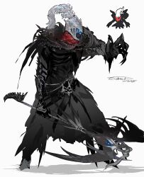  1boy absurdres arm_up armor belt belt_buckle black_belt black_capelet black_coat black_skin blue_eyes buckle capelet claws closed_mouth coat colored_skin darkrai dated full_body gauntlets glowing glowing_eye helmet highres holding holding_scythe holding_weapon knight male_focus personification pokemon reference_inset scythe signature standing sukepmonster torn_clothes weapon 