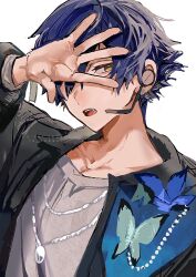  1boy absurdres blue_hair bug butterfly collared_shirt commentary_request ensemble_stars! grey_shirt hand_up headset highres jewelry long_sleeves looking_at_viewer male_focus necklace one_eye_covered open_mouth outstretched_hand sazanami_jun shirt short_hair simple_background solo tama_rick teeth twitter_username upper_body upper_teeth_only white_background yellow_eyes 