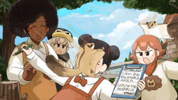  1boy 3girls :d :o absurdres bird black_hair black_overalls black_scarf brown_overalls closed_eyes commentary curly_hair dark-skinned_female dark_skin diva_(hyxpk) donut_stamp double_bun duck english_commentary english_text grey_hair hair_bun hat highres holding holding_notepad lion_shirt_boy_(diva) motion_blur multiple_girls notepad overalls pencil penguin_hat penguin_keeper_(diva) rabbit_keeper_(diva) red_hair red_overalls scarf shirt smile sugar_glider survey_girl_(diva) tree white_shirt zoo zookeeper zookeepers_(diva) 
