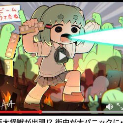  1girl alternate_costume alternate_hair_length alternate_hairstyle arms_up brown_shoes fake_screenshot fire giant giantess grey_skirt grey_sweater_vest hatsune_miku highres holding kaijuu_ni_naritai_(vocaloid) media_player_interface medium_hair miniskirt mouth_beam open_mouth people pleated_skirt puffy_short_sleeves puffy_sleeves sato_(r017xts117) shoes short_sleeves signature skirt socks sweater_vest train twintails vocaloid white_socks 