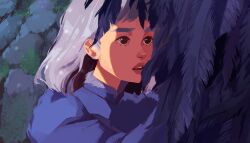  1boy 1girl absurdres bird_boy black_eyes black_feathers black_wings blue_dress dress feathers grey_hair hetero highres howl_(howl_no_ugoku_shiro) howl_no_ugoku_shiro ikachyu long_sleeves looking_at_another medium_hair monster_boy outdoors parted_lips sketch sophie_hatter_(howl_no_ugoku_shiro) upper_body wings 