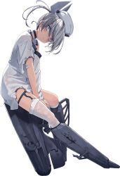  1girl bad_link ballet_boots black_one-piece_swimsuit burnt_clothes dace_(kancolle) dixie_cup_hat full_body garter_straps grey_eyes grey_hair hat headgear kantai_collection looking_at_viewer machinery military_hat official_art one-piece_swimsuit shirt shizuma_yoshinori side_ponytail single_garter_strap single_thighhigh sitting sleeves_past_fingers sleeves_past_wrists solo swimsuit swimsuit_under_clothes thigh-highs transparent_background white_hat white_shirt 