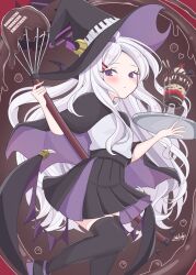  1girl absurdres ahoge black_halo black_skirt black_thighhighs blue_archive breasts chocolate demon_girl demon_horns demon_wings halo hat highres hina_(blue_archive) horns long_hair looking_at_viewer low_wings skirt small_breasts solo standing tanabata_natsuki thigh-highs thighs very_long_hair violet_eyes white_hair wings witch_hat 