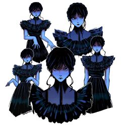  1girl absurdres artist_name black_dress black_hair closed_mouth collared_dress dress frilled_dress frills hair_between_eyes highres lemolunes long_dress looking_at_viewer looking_to_the_side multiple_views sidelocks solo swept_bangs the_addams_family upper_body wednesday_(netflix) wednesday_addams white_background 