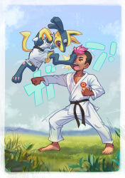  &gt;_&lt; 1boy absurdres alternate_color barefoot black_sash clenched_hands closed_eyes clothed_pokemon clouds commentary_request day grass highres jacket lucario male_focus open_mouth outdoors pants pokemon pokemon_(anime) pokemon_(creature) pokemon_journeys pxl_(pxltw) roy_(pokemon) sash shiny_pokemon short_hair sky squatting tearing_up teeth toes tongue upper_teeth_only white_jacket white_pants 