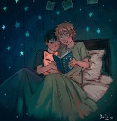  1boy 1girl alternate_costume antenna_hair artist_name basil_(faraway)_(omori) basil_(omori) black_eyes black_hair black_shirt blonde_hair blue_eyes blush book closed_mouth crossed_arms green_shirt highres holding holding_book holding_stuffed_toy indoors omori on_bed open_mouth photo_(object) pillow reading_together shirt short_hair short_sleeves sitting smile stuffed_toy sunny_(omori) t-shirt teeth umilini2 under_covers upper_teeth_only 