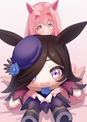  1girl absurdres animal_ears black_thighhighs blue_dress blue_flower blue_hat blue_rose blush brown_hair character_doll doll doqute_stuffed_doll dress fascinator flipped_hair flower flower-shaped_pupils flower_in_eye freely2327 hair_over_one_eye haru_urara_(umamusume) hat hat_flower highres holding holding_stuffed_toy horse_ears horse_girl horse_tail hugging_doll hugging_object long_hair long_sleeves looking_at_viewer pajamas pants pink_eyes pink_hair pink_pajamas pink_pants pink_shirt rice_shower_(rosy_dreams)_(umamusume) rice_shower_(umamusume) rose shirt sitting solo stuffed_toy symbol-shaped_pupils symbol_in_eye tail thigh-highs tilted_headwear umamusume violet_eyes wariza 