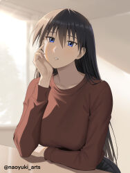  1girl absurdres arm_rest azumanga_daioh blue_eyes blurry blurry_background brown_hair elbow_rest hair_between_eyes hand_on_own_cheek hand_on_own_face highres indoors long_hair long_sleeves looking_at_viewer naoyuki_arts parted_lips red_sweater sakaki_(azumanga_daioh) solo sweater twitter_username upper_body very_long_hair 
