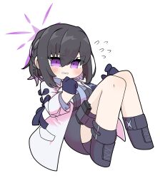  1girl black_gloves black_hair blue_archive boots chibi coat dress_over_shirt gloves grey_necktie grey_shirt hair_between_eyes halo miranofuudoria necktie purple_halo shirt short_braid short_hair solo subaru_(blue_archive) violet_eyes white_coat 