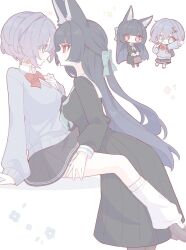 alternate_costume animal_ears belle_(zenless_zone_zero) fox_ears hoshimi_miyabi long_hair multiple_girls school_uniform short_hair yuri zenless_zone_zero