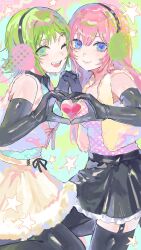  2girls :d absurdres black_gloves blue_eyes earmuffs elbow_gloves fur-trimmed_skirt fur_jacket fur_trim gloves green_eyes green_hair gumi happy_synthesizer_(vocaloid) heart heart_hands heart_hands_duo highres holding_hands interlocked_fingers jacket kani_samurai long_hair looking_at_viewer megurine_luka multiple_girls one_eye_closed pink_hair short_hair skirt smile vocaloid 
