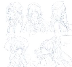  1girl :d :t ^_^ absurdres beret blunt_bangs bow bowtie braid cardigan center_frills chinese_commentary closed_eyes collage collared_shirt cropped_torso crying crying_with_eyes_open detached_sleeves dress facing_away frilled_hat frills gloves greyscale hair_ornament hair_ribbon hairclip hat heroine_(lovebrush_chronicles) high_ponytail highres holding holding_gloves holding_paint_palette holding_unworn_clothes jacket long_hair long_sleeves looking_at_viewer looking_back lovebrush_chronicles mini_hat monochrome multiple_views open_cardigan open_clothes open_jacket open_mouth paint_palette parted_lips pinstripe_pattern pinstripe_vest ponytail portrait ribbon shirt side_braid sideways_glance simple_background sleeveless sleeveless_dress smile sun_hat tears teeth tilted_headwear unworn_gloves vest white_background witch_hat zongsi600 