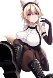  1girl absurdres animal_ears blonde_hair blue_eyes blush breasts cat_ears cat_girl cat_tail disgust highres kage_no_jitsuryokusha_ni_naritakute! large_breasts looking_at_viewer maid maid_headdress nagisilon open_mouth pantyhose short_hair simple_background sitting skirt solo tail white_background 
