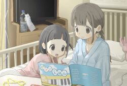  2girls :d bed bottle braid chawanwan child closed_mouth grey_hair head_rest highres hospital_bed hospital_gown indoors light_blush multiple_girls on_bed one_side_up original pillow plastic_bottle smile stuffed_animal stuffed_rabbit stuffed_toy television twin_braids water_bottle 