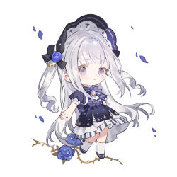  1girl :o ankle_socks beads black_bonnet black_bow blunt_bangs bonnet borrowed_character bow bowtie brooch buttons chibi chinese_commentary commentary_request cross cross_print dress drill_hair eyelashes eyes_visible_through_hair floating_hair flower grey_hair hair_beads hair_bow hair_flower hair_ornament highres jewelry layered_dress light_blush light_particles long_hair looking_at_viewer loose_hair_strand medium_dress original parted_lips petals pleated_dress print_dress print_headwear puffy_short_sleeves puffy_sleeves purple_bonnet purple_bow purple_bowtie purple_dress purple_flower purple_rose purple_shoes rose shoes short_sleeves simple_background socks solo standing striped_bow striped_bowtie striped_clothes thorns turtleneck turtleneck_dress twin_drills two-sided_fabric two-sided_headwear two_side_up very_long_hair violet_eyes white_background white_dress white_socks wind yanshuangjun 