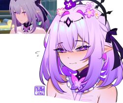 1girl bare_shoulders blush bow butterfly castorice_(honkai:_star_rail) embarrassed eyebrows_visible_through_hair flower flustered gradient_hair hair_between_eyes hair_ornament half-closed_eyes halo highres honkai:_star_rail honkai_(series) looking_at_viewer mizah_(mizah) purple_hair ribbon ruffles solo sweatdrop white_hair