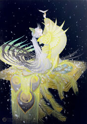  1girl absurdres arms_up closed_eyes commentary_request gradient_hair highres japanese_clothes kimono long_hair multicolored_hair night original pale_skin peacock_feathers petals pom_pom_(clothes) shiguretau sky solo star_(sky) starry_sky traditional_media very_long_hair white_hair yellow_kimono 