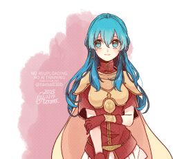  1girl 2025 armor blue_eyes blue_hair blush cape closed_mouth dress eirika_(fire_emblem) fire_emblem fire_emblem:_the_sacred_stones gloves hair_between_eyes leather_armor long_hair looking_at_viewer miniskirt red_gloves red_shirt sayu030b shirt short_sleeves shoulder_armor skirt smile solo standing straight_hair twitter_username very_long_hair watermark white_skirt yellow_cape 