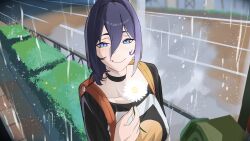  1girl absurdres backpack bag black_choker black_shirt blue_eyes blue_hair bush chainsaw_man choker closed_mouth cosplay daaku_(koizumi_arata) flower grenade_pin hair_between_eyes highres holding holding_flower hololive hololive_english looking_at_viewer multicolored_shirt ouro_kronii phone_booth reze_(chainsaw_man) reze_(chainsaw_man)_(cosplay) shirt smile solo virtual_youtuber white_shirt 