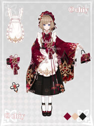  1girl absurdres alternate_costume apron artist_name bad_source bag black_skirt blue_eyes bow brown_hair closed_mouth english_text enmaided floral_print frilled_apron frills full_body genshin_impact grey_background hair_bow hair_ornament handbag highres holding holding_bag japanese_clothes kimono long_sleeves looking_at_viewer maid pantyhose red_bow ribbon sandrone_(genshin_impact) skirt smile solo standing wa_maid white_apron x_hair_ornament yizhe 