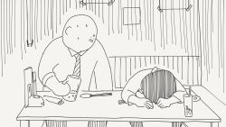  1boy 1girl against_table alcohol bald bar_(place) beer_mug black_hair booth_seating commentary cup drunk greyscale highres horideiyasumi menu mob_face monochrome mug necktie original poster_(object) slumped sweatdrop 