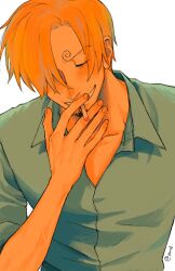  1boy allout arm_up blonde_hair blue_shirt cigarette closed_eyes collarbone collared_shirt facial_hair fingernails goatee grin hair_over_one_eye highres male_focus one_eye_covered one_piece open_collar sanji_(one_piece) shirt short_hair short_sleeves simple_background smile smoking solo teeth twitter_username upper_body white_background 