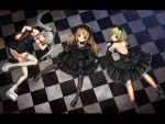  3girls askray blue_eyes boots bosshi dress frills gothic gothic_lolita green_eyes hair_ribbon headdress highres lolita_fashion long_hair pantyhose platforms red_eyes ribbon thigh-highs thighhighs twintails wallpaper white_hair 