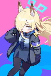  1girl animal_ear_fluff animal_ears armband black_gloves black_jacket black_pantyhose blonde_hair blue_archive blue_eyes blue_necktie blue_shirt blush breasts closed_mouth collared_shirt dog_ears dog_girl gloves hair_over_one_eye halo hand_in_pocket highres jacket jorang_(jorang08) kanna_(blue_archive) long_hair long_sleeves looking_at_viewer necktie open_clothes open_jacket pantyhose shirt simple_background skirt solo 