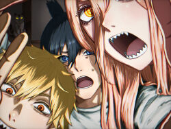  2boys 2girls absurdres black_hair blonde_hair blue_eyes chainsaw_man cross-shaped_pupils denji_(chainsaw_man) grey_shirt hair_between_eyes hayakawa_aki highres long_hair long_hair_between_eyes makima_(chainsaw_man) multiple_boys multiple_girls open_mouth orange_eyes orange_hair power_(chainsaw_man) sharp_teeth shirt symbol-shaped_pupils teeth user_traa3358 yellow_eyes 