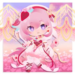  1girl absurdres beret commentary diamond-shaped_pupils diamond_(shape) dress earrings elysia_(hi_love_elf)_(honkai_impact) elysia_(honkai_impact) english_commentary hat heart heart_earrings highres holding_ribbon_baton honkai_(series) honkai_impact_3rd jewelry long_hair multicolored_hair pink_hair pointy_ears sang_sha smile solo symbol-shaped_pupils thigh-highs two-tone_hair very_long_hair violet_eyes white_dress white_hair white_thighhighs 