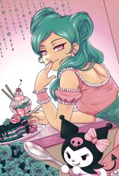  1girl aqua_hair back_cutout beta_(inazuma_eleven) blue_flower blue_rose cake clothing_cutout commentary corset crossover cup dress earrings english_commentary flower food frilled_dress frills green_corset highres holding holding_spoon ice_cream_cup inazuma_eleven inazuma_eleven_(series) inazuma_eleven_go inazuma_eleven_go_chrono_stone inazuma_eleven_victory_road jewelry karuhell kuromi making-of_available onegai_my_melody pink_dress pink_eyes rose sanrio signature spoon 