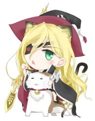 1girl =_= absurdly_long_hair animal_ears bell black_boots black_cape black_hat blonde_hair blush boots calico_(pattern) calico_cat cape cat cat_ears cat_tail chibi chibi_only choker commentary_request eyepatch fairy green_eyes gungnir_(toaru) hair_between_eyes hand_up hat holding holding_polearm holding_weapon jingle_bell long_hair looking_at_viewer mini_person minigirl on_animal open_mouth othinus polearm red_choker riding riding_animal shin_(highest1192) simple_background sitting_on_animal solo spear sphinx_(toaru_majutsu_no_index) tail toaru_majutsu_no_index toaru_majutsu_no_index:_new_testament triangle_mouth two-tone_tail very_long_hair wavy_hair weapon whiskers white_background witch_hat 