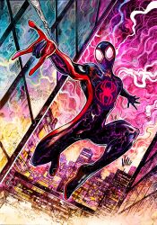  1boy abstract_background animal_print artist_name black_bodysuit black_mask bodysuit building city city_lights cityscape colorful_background commentary dynamic_pose english_commentary highres male_focus marvel mask mask_on_head miles_morales multicolored_bodysuit night night_sky outdoors print_bodysuit red_bodysuit reflection signature silk sky skyline skyscraper spider-man_(miles_morales) spider-man_(series) spider_print spider_web spider_web_print superhero_costume swinging_on_rope two-tone_bodysuit vinartwork white_eyes 