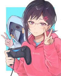  1boy 1girl black_hair chainsaw_man closed_mouth controller game_controller glasses higashiyama_kobeni highres holding holding_controller holding_game_controller hood hood_up hoodie looking_at_viewer mole mole_under_eye mole_under_mouth pink_hoodie plague_doctor_mask red-framed_eyewear sakuranuts00 semi-rimless_eyewear single_sidelock sweat v violet_eyes w 
