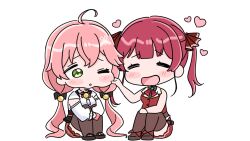 2girls :d ;o ahoge bare_arms bare_shoulders blush_stickers boots brown_boots brown_thighhighs cellphone cheek_pull chibi closed_eyes collared_shirt dress_shirt green_eyes hair_ribbon heart highres holding holding_phone hololive houshou_marine houshou_marine_(1st_costume) jacket knees_up long_hair long_sleeves low_twintails mochimiko multiple_girls one_eye_closed parted_lips phone pink_hair puffy_long_sleeves puffy_sleeves red_hair red_jacket red_ribbon red_skirt ribbon sakura_miko shirt simple_background sitting skirt sleeveless sleeveless_jacket sleeves_past_wrists smile thigh-highs thighhighs_under_boots twintails very_long_hair virtual_youtuber white_background white_shirt 
