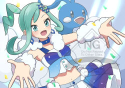  1girl :d altaria arm_warmers confetti earrings green_eyes green_hair jewelry lisia_(pokemon) long_hair looking_at_viewer midriff navel open_mouth pokemon pokemon_(creature) pokemon_oras ponytail smile white_arm_warmers yyukisnow 
