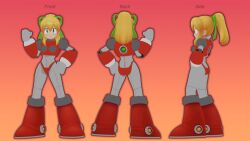  1girl 3d absurdres android antennae armor armored_boots armored_gloves arms_up bikini_armor blonde_hair blue_eyes boots breasts clenched_hands commentary deviantart_logo deviantart_username english_commentary english_text from_behind from_side gradient_background green_ribbon hair_ribbon hairband hand_on_own_hip hand_up headphones highres hyper_roll_(marvel_vs._capcom) joints knee_boots large_breasts long_hair looking_at_viewer marvel_vs._capcom mechanical_arms mechanical_boots mechanical_legs mega_man_(classic) mega_man_(series) multiple_views orange_background ponytail radio_antenna red_armor red_background ribbon robot robot_girl robot_joints roll_(mega_man) sadbunny15 shoulder_armor sidelocks smile standing watermark web_address 