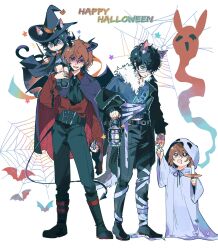  4boys :o aged_down akechi_gorou alternate_costume amamiya_ren animal_ears bandages black_boots black_cape black_hair black_hat black_horns black_jacket black_pants blue_shirt boots brown_hair candle cape cat_ears child commentary cross demon_horns ears_through_headwear full_body fur-trimmed_shirt fur_trim ghost_costume halloween halloween_costume happy_halloween hat highres holding holding_candle holding_cross holding_lantern holding_wand horns jacket jacket_partially_removed kemonomimi_mode lantern long_sleeves looking_at_viewer male_focus metoerwarrior multiple_boys pants persona persona_5 purple_cape red_eyes red_shirt shaded_face shirt silk simple_background sitting_on_shoulder spider_web standing time_paradox wand white_background witch_hat 