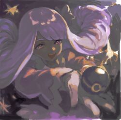  1girl dark-skinned_female dark_skin dress gloves hand_up holding holding_poke_ball jacinthe_(pokemon) juliet_sleeves long_hair long_sleeves looking_at_viewer luxury_ball open_mouth outstretched_arm poke_ball pokemon pokemon_legends:_z-a puffy_sleeves purple_dress purple_hair shinpu_(oresinpu) smile solo teeth upper_body upper_teeth_only very_dark_skin violet_eyes white_gloves 