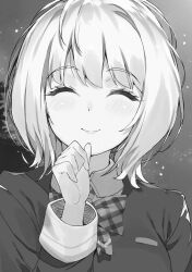  1girl blush bob_cut bow breasts clenched_hands closed_eyes closed_mouth collared_shirt dorothy_goat greyscale hair_between_eyes hand_on_own_chin hand_up highres jacket kanzen_muken_no_shinjin_majutsusei large_breasts lips long_sleeves looking_at_viewer monochrome nauribon night night_sky non-web_source novel_illustration official_art outdoors plaid_bow school_uniform shirt short_hair sky smile star_(sky) tree 