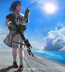 1girl absurdres ammunition_pouch artist_name assault_rifle backlighting blue_sky brown_gloves brown_shoes buttons cable canteen chest_rig clouds collarbone commentary commission double-breasted english_commentary flashlight from_side full_body gloves gun gun_sling highres holding holding_walkie-talkie horizon laser_sight legs lens_flare load_bearing_equipment loafers looking_to_the_side m16 m16a2 magazine_(weapon) muzzle_device neck_ribbon ocean open_mouth orange_eyes original pleated_skirt pouch purple_hair purple_ribbon purple_trim radio_antenna ribbon rifle sailor_collar school_uniform sci_(31134306) shadow shirt shoes short_hair short_sleeves skirt sky socks solo standing sunlight tactical_clothes tape thighs trigger_discipline walkie-talkie water weapon white_shirt white_skirt white_socks 