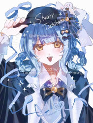  1girl :d arm_up black_bow black_capelet black_hat blue_hair blue_necktie blue_ribbon blunt_bangs bow braid braided_hair_rings capelet character_name commentary deerstalker hair_bow hair_rings hand_on_headwear hashtag-only_commentary hat highres long_sleeves looking_at_viewer mahou_shoujo_no_majo_saiban necktie open_mouth ribbon shirozakura short_hair smile solo sparkle tachibana_sherry upper_body white_background yellow_eyes 