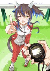  1boy 1girl animal_ears blue_hair blush breasts brown_hair colored_inner_hair daitaku_helios_(umamusume) ear_covers ear_ornament facial_tattoo fang hair_between_eyes hair_ornament hairclip highres holding holding_stopwatch horse_ears horse_girl horse_tail jacket long_hair looking_at_viewer medium_breasts multicolored_hair one_eye_closed open_mouth outdoors pants pointing pointing_at_viewer red_jacket red_pants red_track_suit side_ponytail smile solo_focus star_(symbol) star_hair_ornament stopwatch streaked_hair tail tattoo teeth tracen_training_uniform track_jacket track_pants track_suit trainer_(umamusume) uma_motiyodor umamusume yellow_eyes 