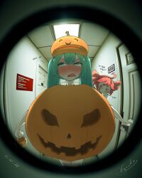  2girls absurdres blush embarrassed english_text halloween halloween_costume hatsune_miku highres kasane_teto multiple_girls pov_peephole pumpkin pumpkin_costume ryouko_c signature teasing trick_or_treat vocaloid 