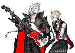  2boys absurdres black_gloves blonde_hair chinese_commentary cloud_strife commentary_request cowboy_shot earrings final_fantasy final_fantasy_vii gloves grey_hair guitar hair_intakes half_gloves headphones headphones_around_neck highres holding holding_guitar holding_instrument instrument jewelry looking_at_another male_focus microphone microphone_stand multiple_boys music one_eye_closed playing_guitar playing_instrument sephiroth singing spiky_hair toki_(enenenenenen) watermark weibo_watermark 